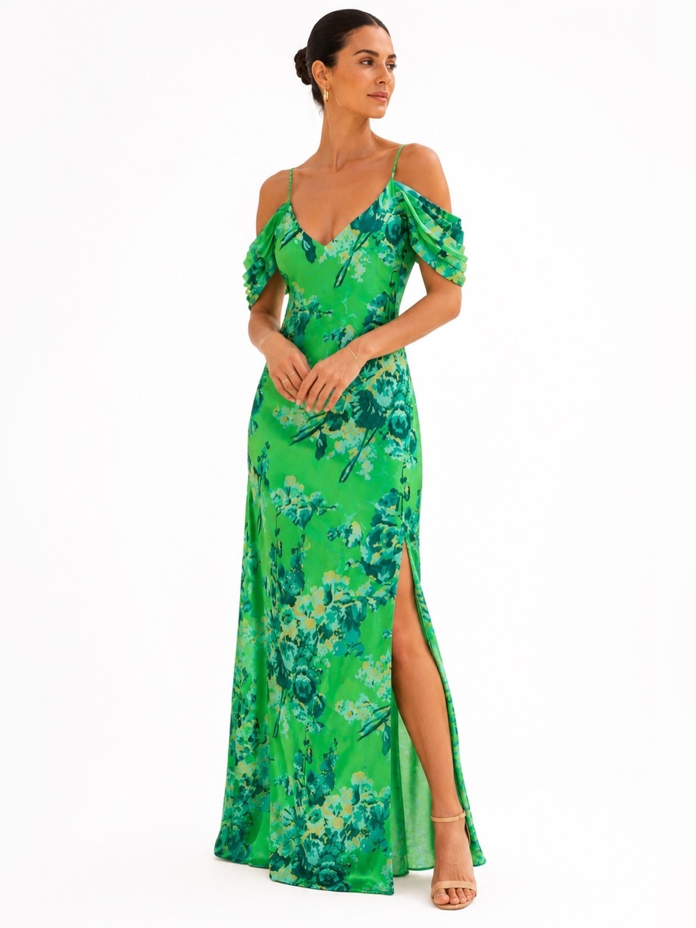 Gold Hawk Emerald Silk Floral Maxi Dress XS NWT